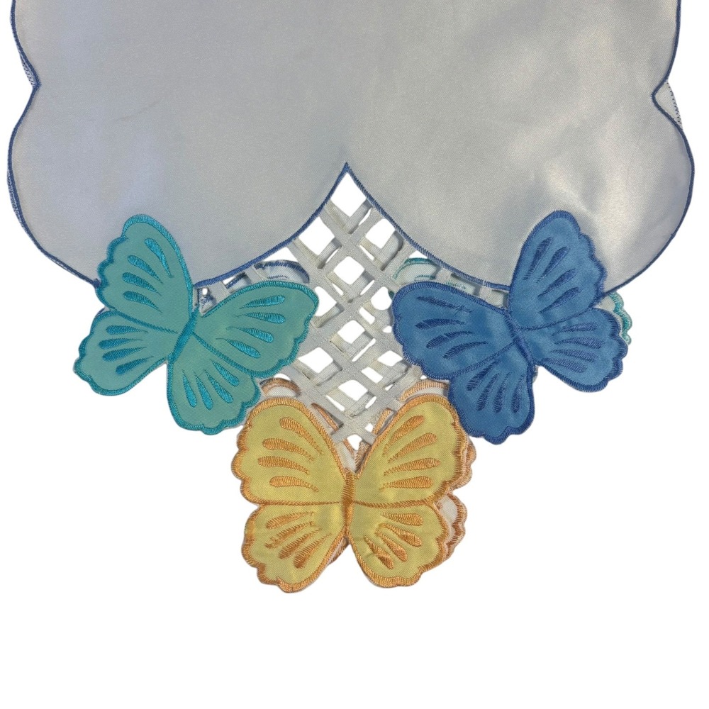 Domestications Butterfly Embroidered Table Runner Scalloped White 12x65 Spring